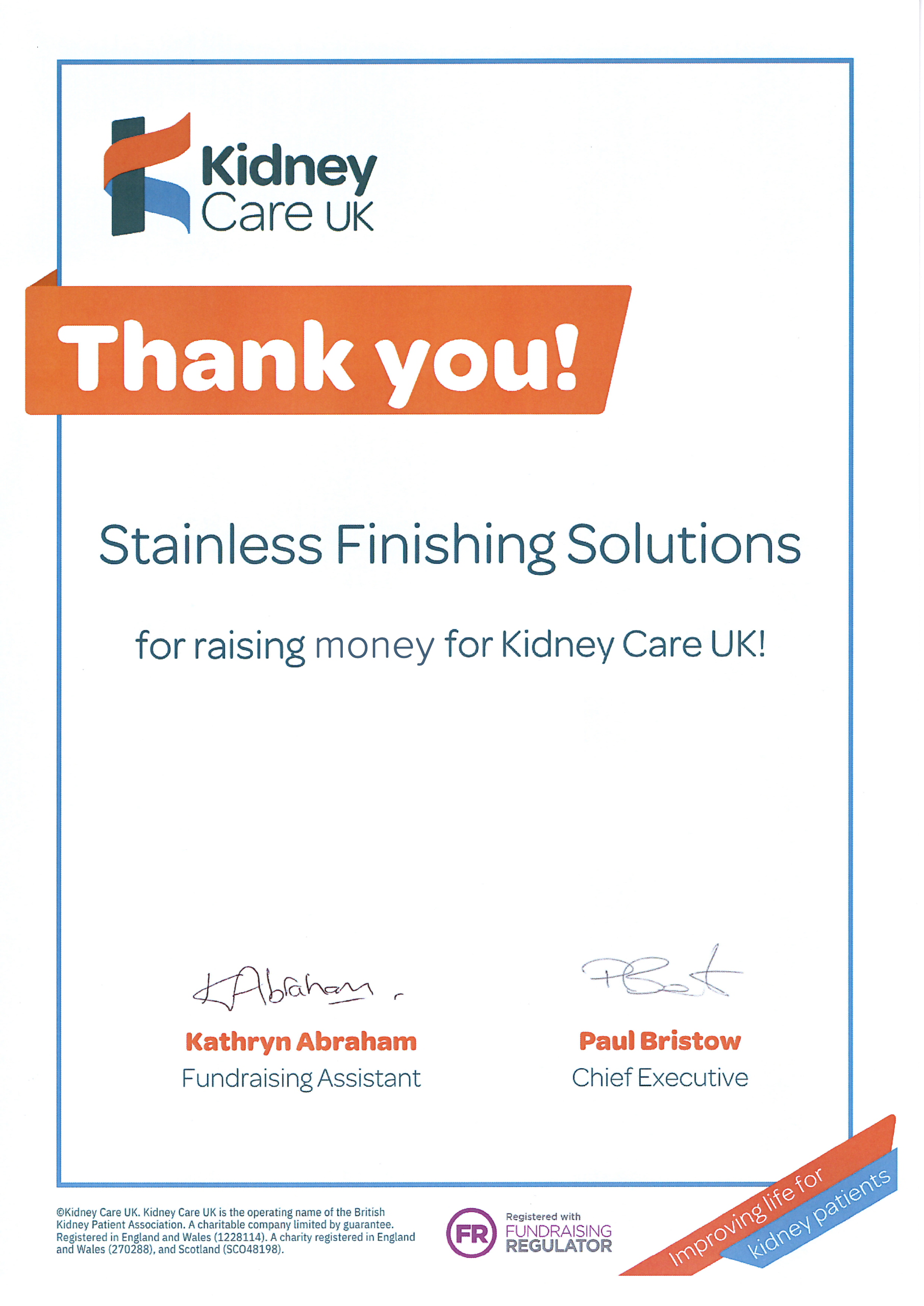 Stainless Finishing Solutions Kidney Care UK